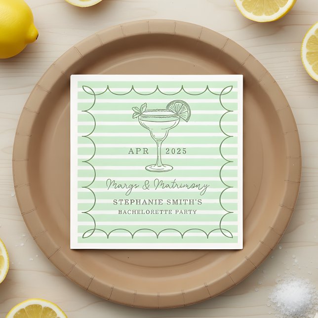 Green Margs and Matrimony Bachelorette Party  Napkins (Set the tone for a lively pre-wedding celebration with this mint green “Margs & Matrimony” design.)