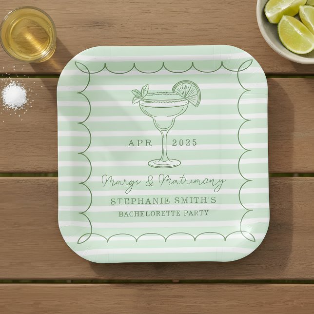 Green Margs and Matrimony Bachelorette Party  Paper Plates (Set the tone for a lively pre-wedding celebration with this mint green “Margs & Matrimony” plate.)