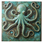 Green Marine Octopus 3D Effect Aquatic Ceramic Tile<br><div class="desc">Coastal marine inspired,  green coloured octopus in 3D,  stone mosaic effect design.</div>