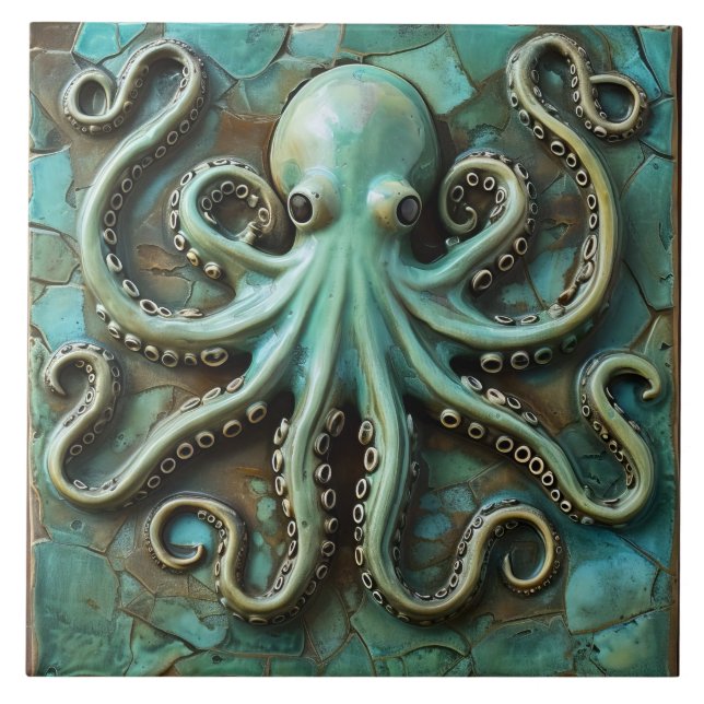 Green Marine Octopus 3D Effect Aquatic Ceramic Tile (Front)