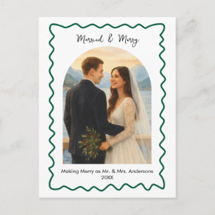 Green Married and Merry First Christmas Photo  Holiday Postcard