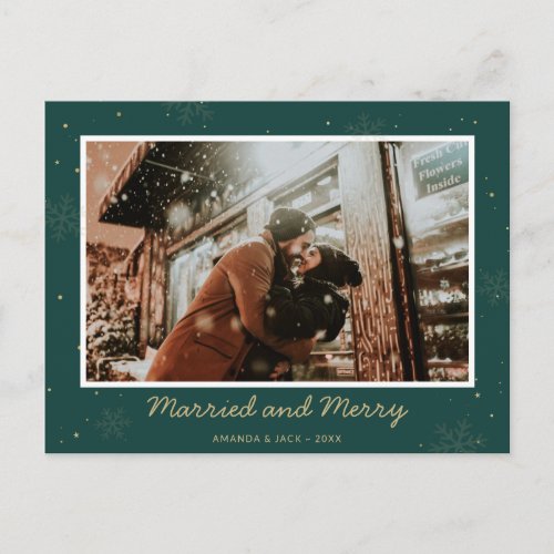 Green Married and Merry First Christmas Photo Holiday Postcard