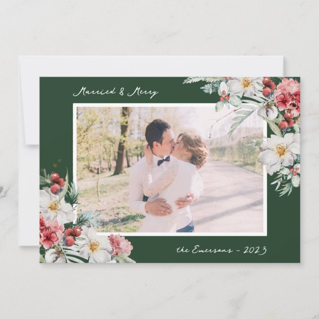 Green Married and Merry Photo Holiday Card (Front)