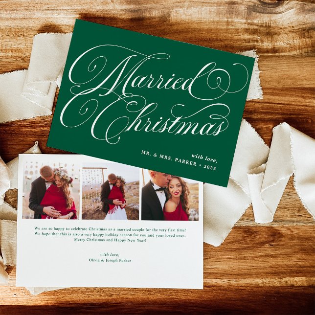 Green Married Christmas Photo Grid and Calligraphy Holiday Card (Creator Uploaded)
