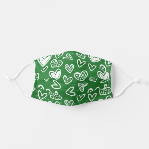 Green Mask Doodled White Hearts on Cloth Face Mask