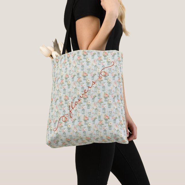 Green Mason Jars Orange Flowers Tote Bag (Close Up)