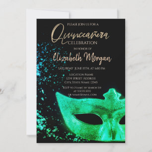 Green Masque,Confetti Quinceañera Invitation