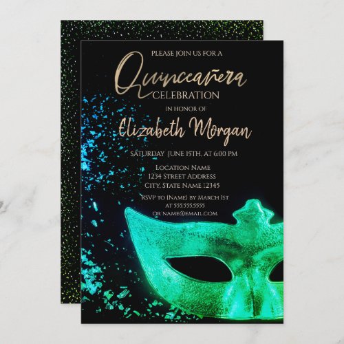 Green MasqueConfetti  Quinceaera  Invitation