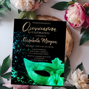 Green Masque,Confetti  Quinceañera  Invitation