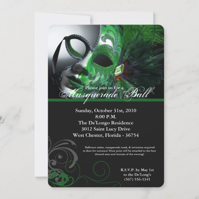 Green Masquerade Ball Mask Costume Halloween Part Invitation (Front)