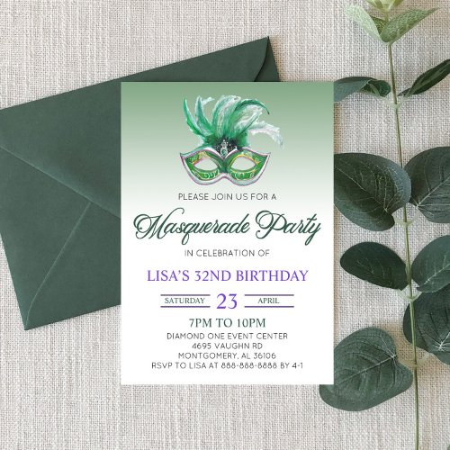 Green Masquerade Ball Party Mardi Gras Birthday Invitation