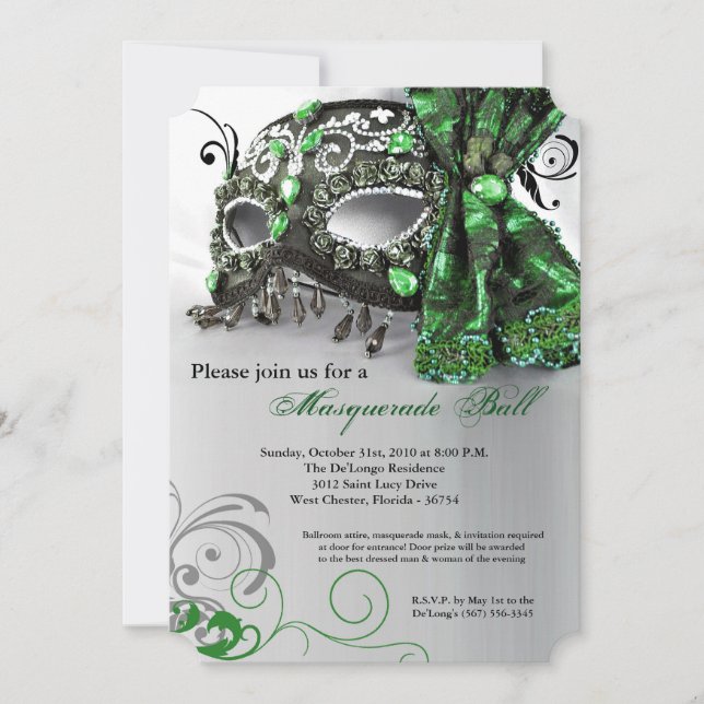 Green Masquerade Mask Ball Costume Halloween Invitation (Front)