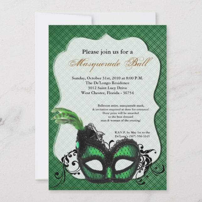 Green Masquerade Mask Ball Costume Halloween Invitation (Front)