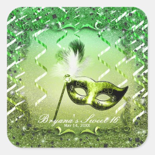 Green Masquerade Mask Elegant Ball Party Square Sticker