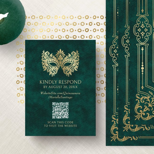Green Masquerade Mask Quinceanera QR RSVP Enclosure Card (Creator Uploaded)