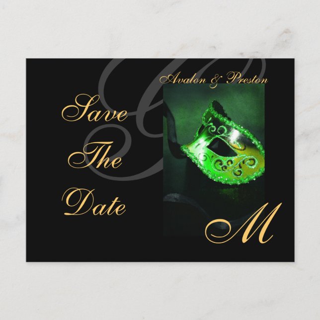 Green Masquerade Mask Save The Date Postcard (Front)