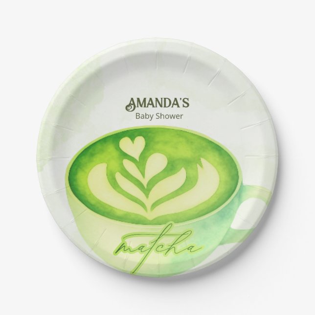 Green Matcha Cup Baby Shower Paper Plates (Front)