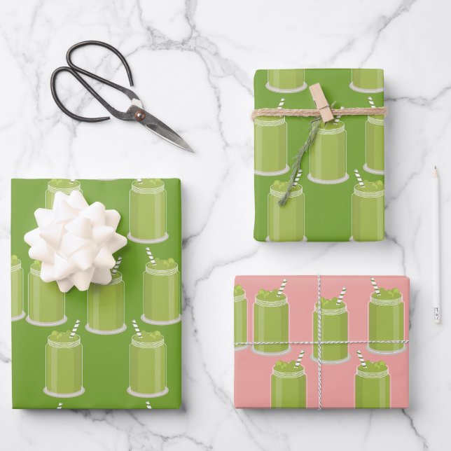 Green Matcha Latte Mason Jar Pattern Iced Tea Wrapping Paper Sheets (Front)