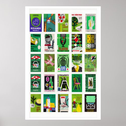 Green matchbox labels Collage, vintage Poster