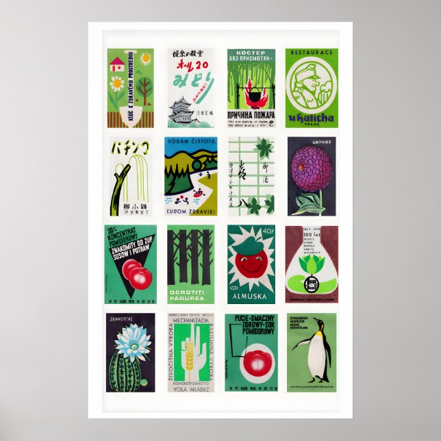 Green Matchbox Labels Grid, Vintage Ephemera Art Poster (Front)
