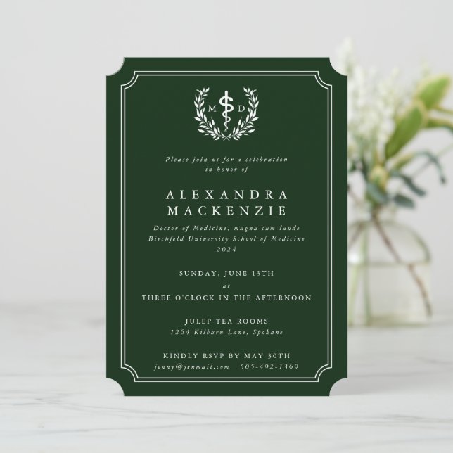 Green MD Asclepius + Laurel Wreath Graduation Invitation (Standing Front)