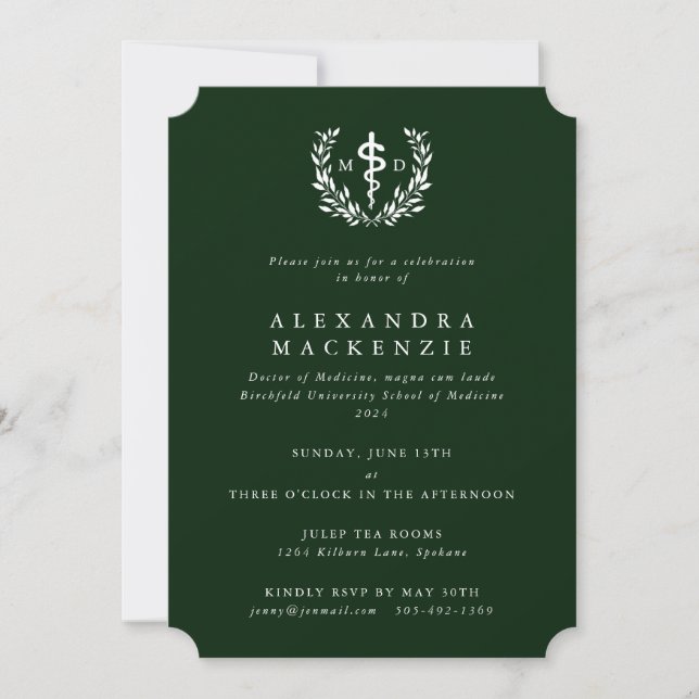 Green MD Asclepius + Laurel Wreath Graduation Invitation (Front)