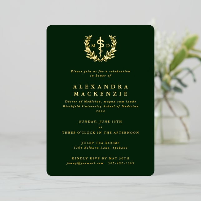 Green MD Asclepius+Laurel Wreath Graduation Party Foil Invitation (Standing Front)