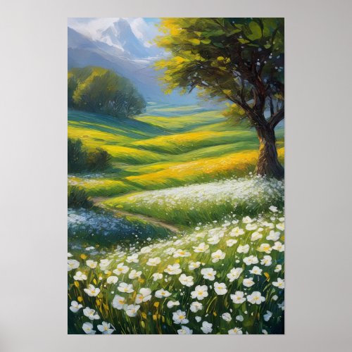 Green Meadow and White Flowers Poster
