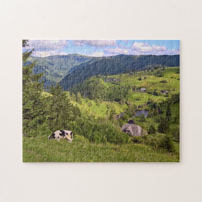 Green Meadows and a cow with panorama view Jigsaw Puzzle (Horizontal)
