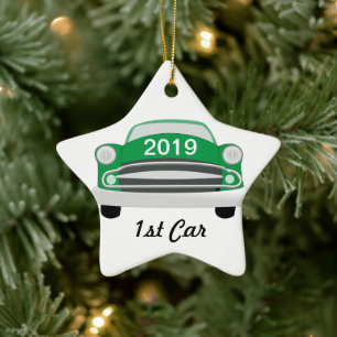 Green Mean Retro Car 1st Car Ceramic Ornament