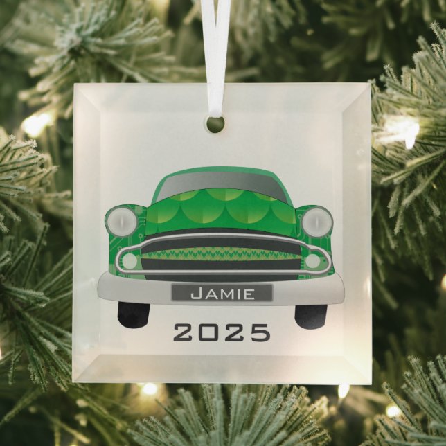 Green Mean Retro Car Baby Boy 1st Christmas Glass Ornament (Insitu)