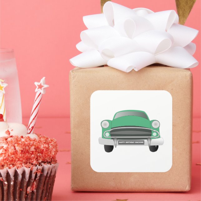 Green Mean Retro Car Boy's Birthday Square Sticker (Party)