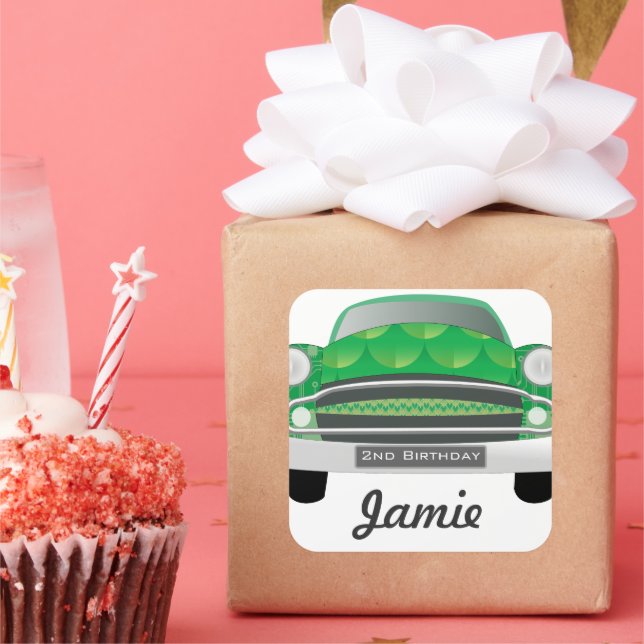 Green Mean Retro Car Boy's Birthday Square Sticker (Party)