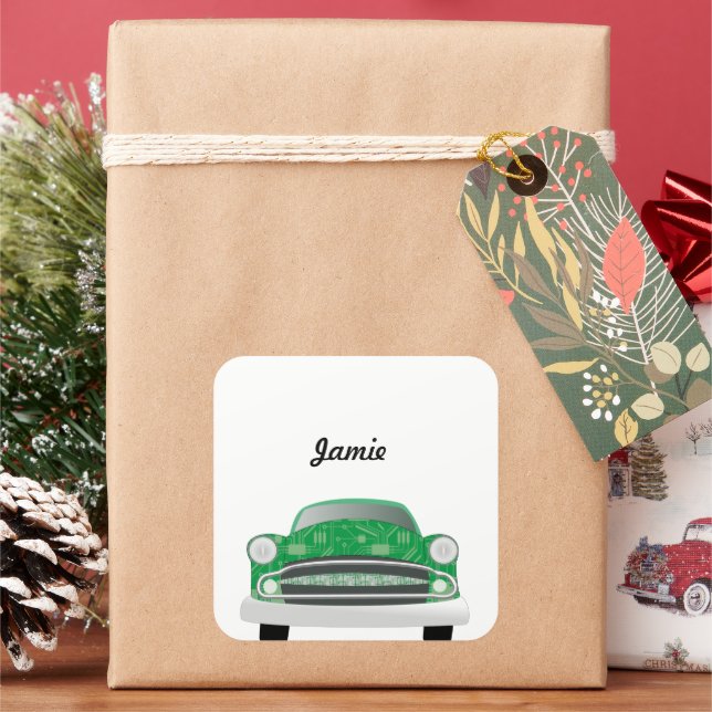 Green Mean Retro Car Boy's Birthday Square Sticker (Holiday)