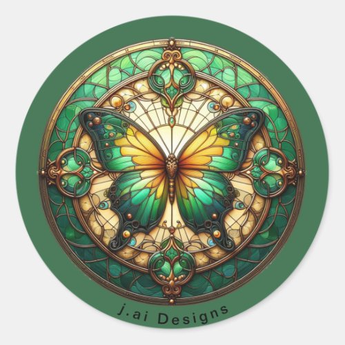 Green Medallion Butterfly Classic Round Sticker