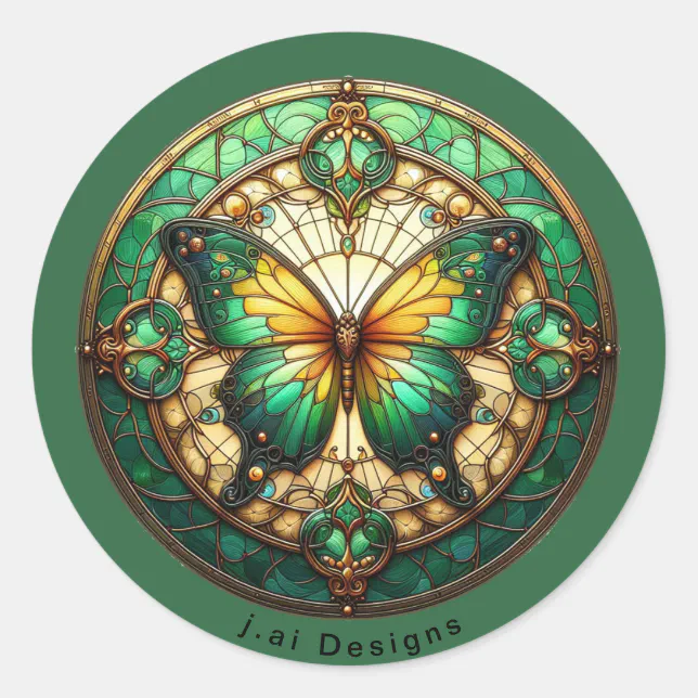 Green Medallion Butterfly Classic Round Sticker | Zazzle