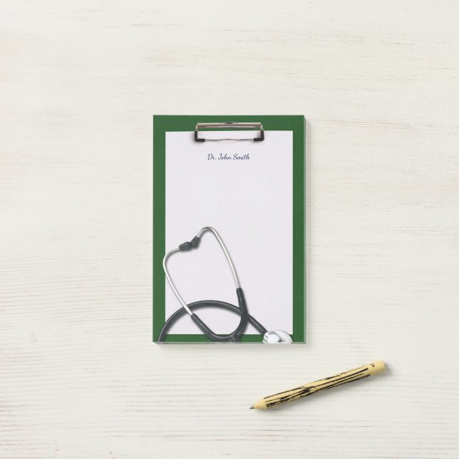 Green Medical Clipboard with Stethoscope Post-it Notes (On Desk)