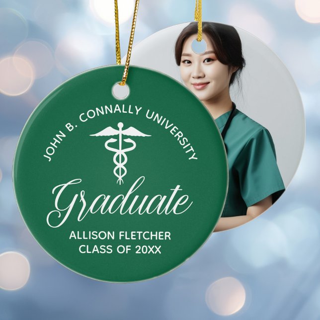 Green Medical School Graduation Photo Christmas Ceramic Ornament (Creator Uploaded)