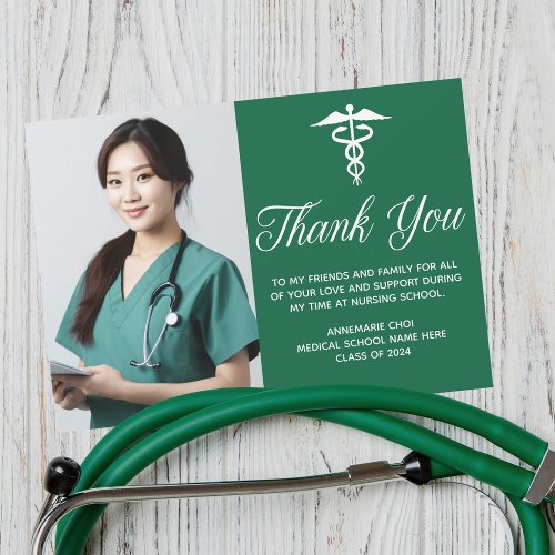 Green Medical School Graduation Photo Custom Thank You Card