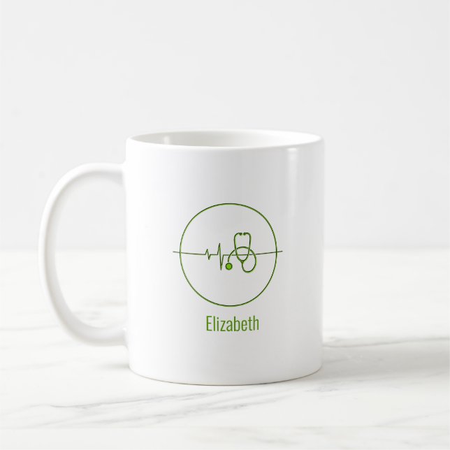 Green Medical Stethoscope Heartbeat Custom Name Coffee Mug (Left)