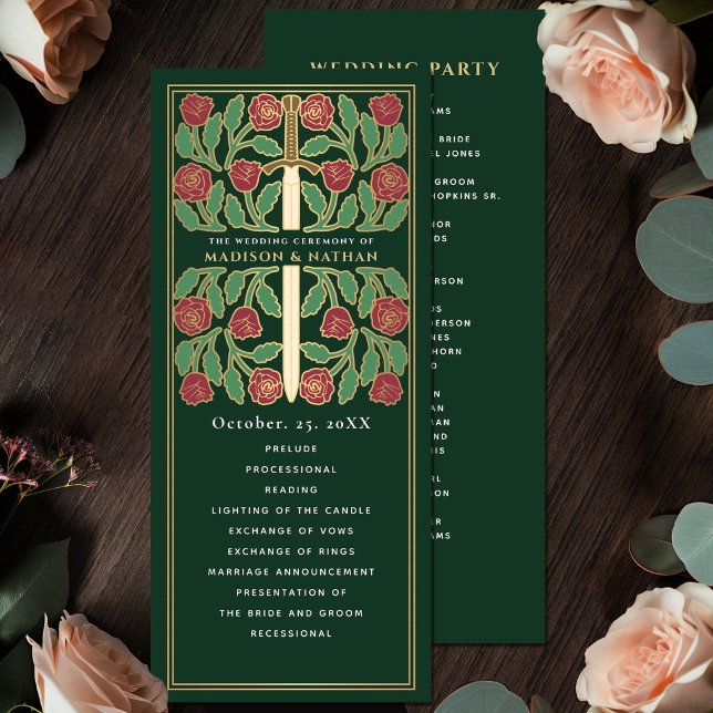 Green Medieval Gold Floral Sword Royal Wedding Program (Creator Uploaded)