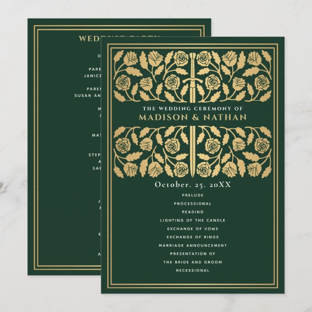 Green Medieval Gold Sword Royal Wedding Program (Front/Back)
