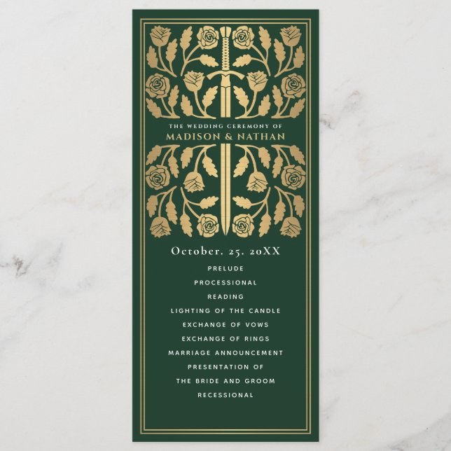 Green Medieval Gold Sword Royal Wedding Program (Front)