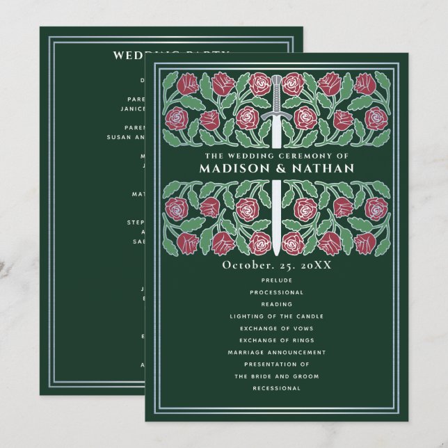 Green Medieval Silver Floral Sword Royal Wedding Program (Front/Back)
