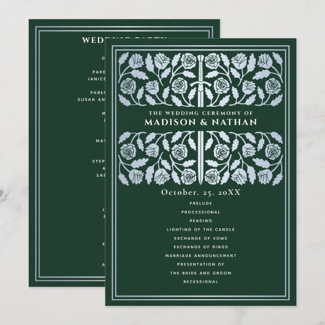 Green Medieval Silver Sword Royal Wedding Program (Front/Back)