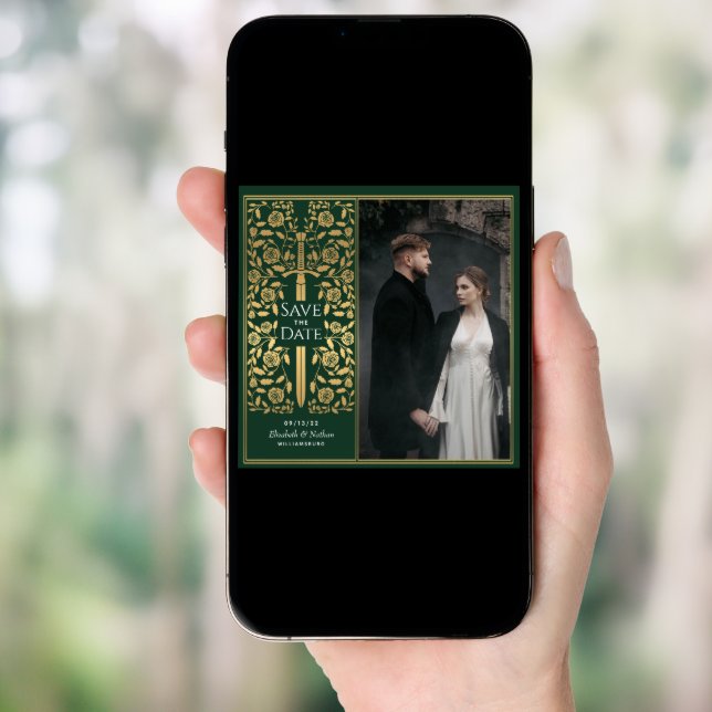 Green Medieval Sword Save the Date Photo Invitation (Front Digital)