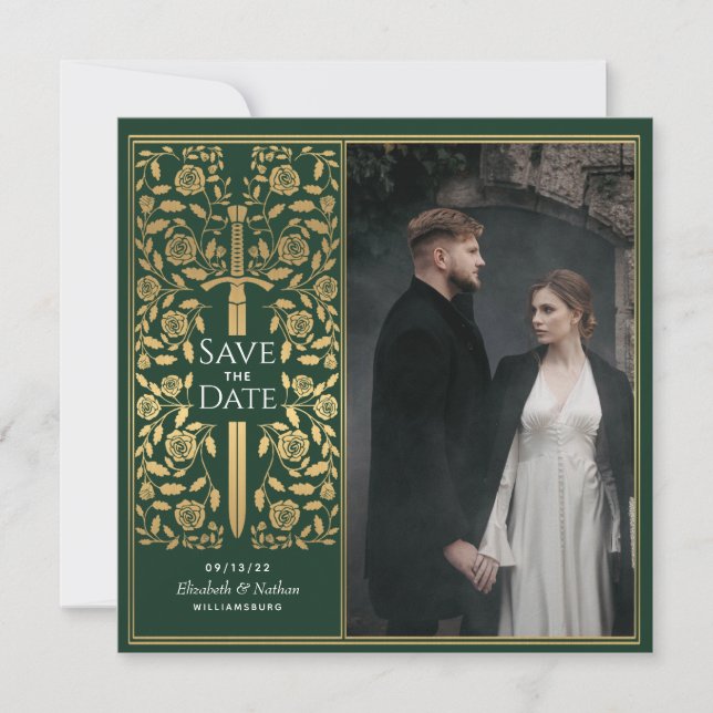 Green Medieval Sword Save the Date Photo Invitation (Front)