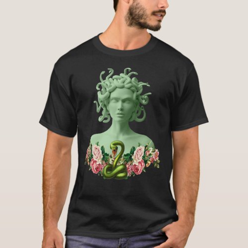 Green Medusa Gorgon Greek Mythology Pink Floral  T_Shirt