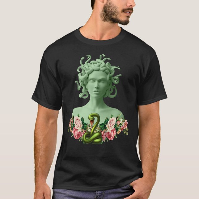 Green Medusa Gorgon Greek Mythology Pink Floral  T-Shirt (Front)