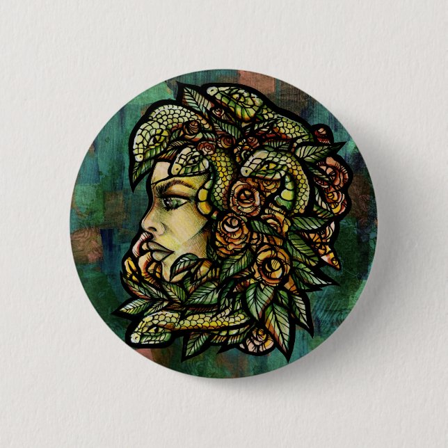 Green Medusa Snakes Rose Gorgon                    Button (Front)